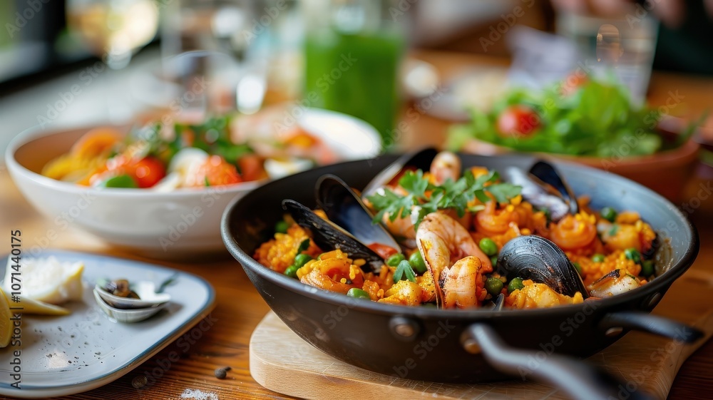 A seafood paella with saffron rice, mussels, clams, and chopped giant squid tentacle. A seafood paella with saffron rice, mussels, clams, and chopped giant squid tentacle.