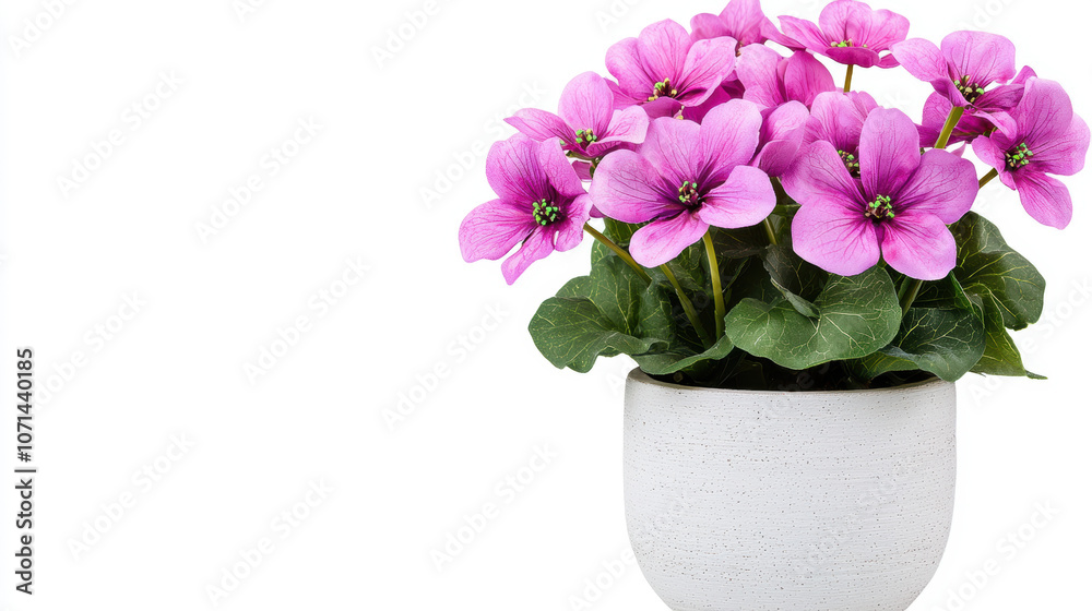 Naklejka premium A vibrant pot of pink flowers with green leaves, showcasing their natural beauty and elegance in a minimalist white container.