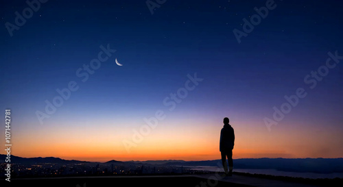 male silhouette on the roof at dawn