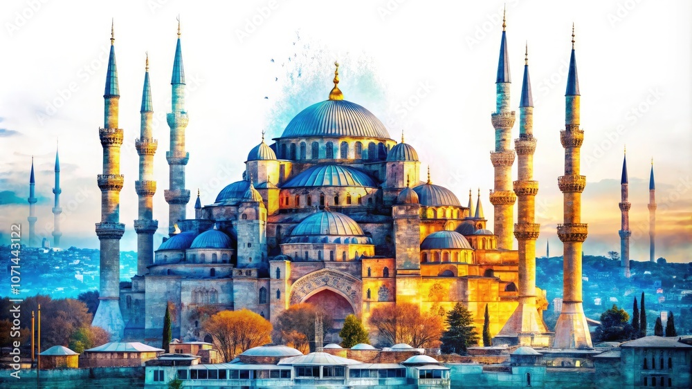 Obraz premium Stunning Double Exposure of Blue Mosque in Istanbul, Turkey â€“ Transparent PNG Image for Design Projects, Websites, and Art Prints