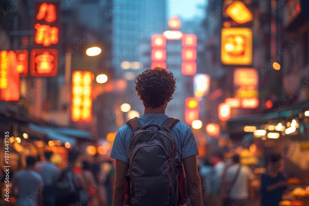 Fototapeta premium A solo backpacker walking through a bustling Asian city street at night