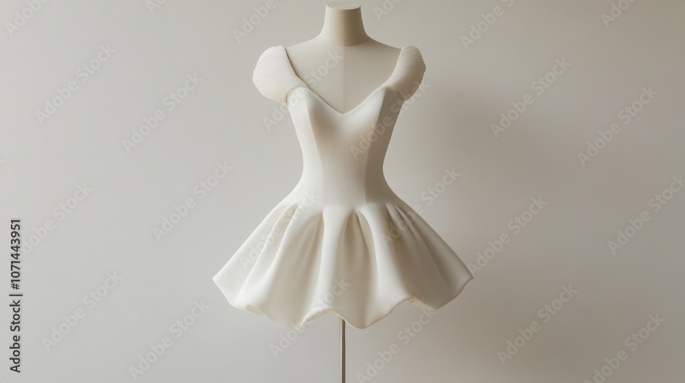 Short wedding dress with a playful, modern cut, displayed on a minimalist white background Short wedding dress with a playful, modern cut, displayed on a minimalist white background