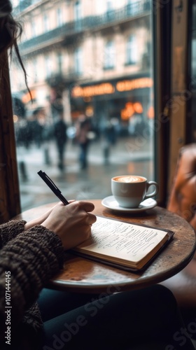 A solo traveler sitting at a cafÃ© table, writing in a leather-bound journal with a cup of coffee beside them.