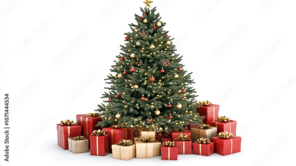 Simple and festive Christmas tree on white background, adorned with classic decorations and surrounded by holiday presents. Simple and festive Christmas tree on white background, adorned with classic decorations and surrounded by holiday presents.