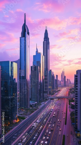 A stunning view of a modern city skyline at dawn, with the first light of day reflecting off the glass skyscrapers. photo