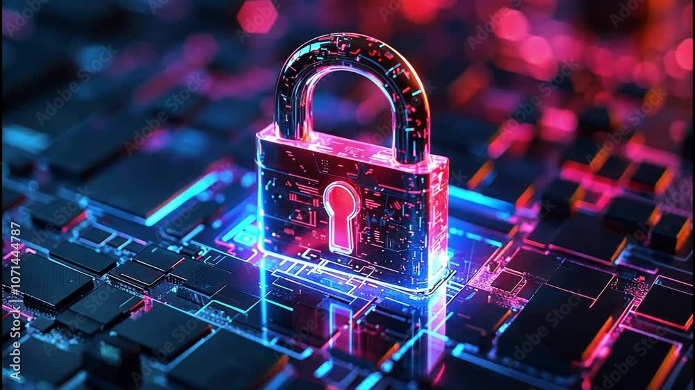 Hologram padlock representing client data protection.