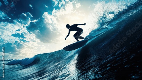 A silhouette of a surfer riding a wave, captured against a backdrop of dramatic clouds and sunlight.
