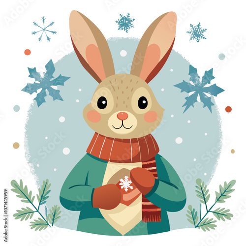 Winter Wonderland Bunny: An adorable cartoon bunny, bundled in a cozy scarf and mittens, holds a snowflake, surrounded by wintery elements. Perfect for holiday cards, children's books.