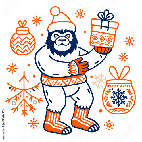 Jolly Yeti Christmas Gift: A cheerful Yeti, dressed in festive attire, holds a beautifully wrapped gift.  Surrounded by charming Christmas elements.