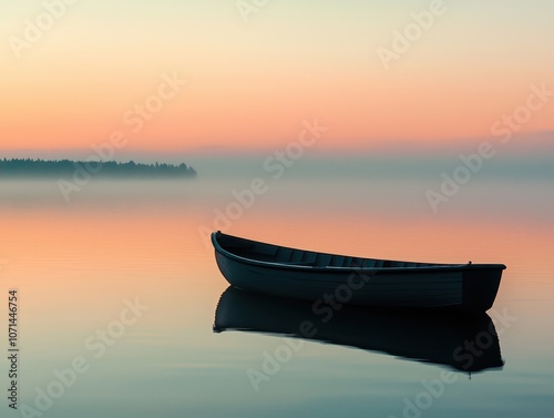 A serene boat floats silently on calm waters, reflecting pastel colors of dawn with a misty landscape in the background.