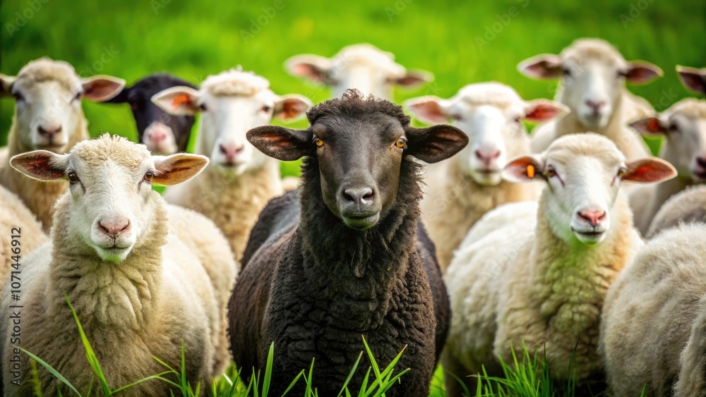 Fototapeta premium Unique Black Sheep Among White Sheep Symbolizing Individuality in Conformity - Macro Photography of Uncommon Perspectives in Nature