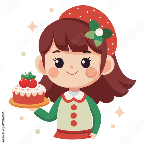 Cute Girl with Delicious Cake: A charming illustration of a cheerful girl proudly presenting a delectable strawberry cake. Perfect for blogs, websites, and social media related to baking, food.