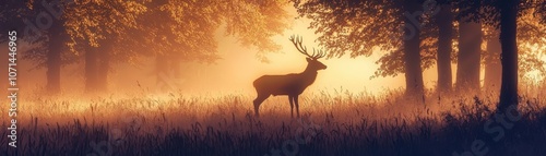 A solitary deer stands gracefully amidst a misty forest at sunrise, surrounded by warm golden light filtering through the trees.