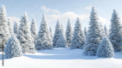 Snowy pine forest scene with snow-dusted trees, offering a serene Christmas or winter setting.