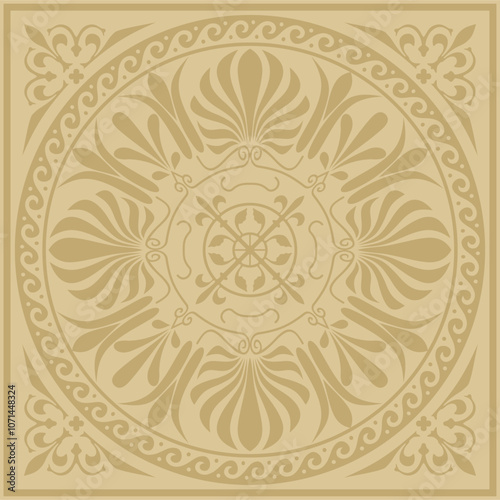 Vector golden classic Greek square ornament. Rectangle of Ancient Greece and Roman Empire. Byzantine painting of walls, floors and ceilings. Decoration of European palaces