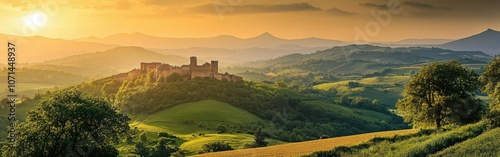 A stunning view of Javier Castle at sunset, surrounded by lush hills and greenery in the scenic Navarre region of Spain photo