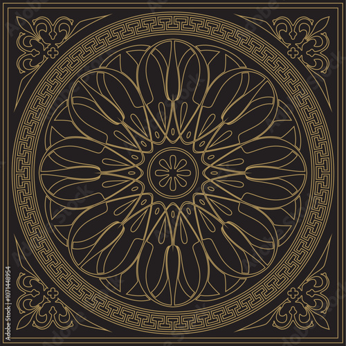 Vector gold and black classic Greek square ornament. Rectangle of Ancient Greece and Roman Empire. Byzantine painting of walls, floors and ceilings. Decoration of European palaces