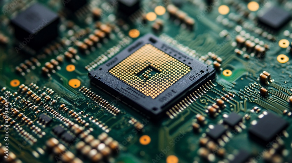 Obraz premium Close-up of a computer processor on a circuit board.