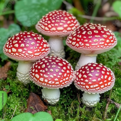 A cluster of five red and white spotted mushrooms growing in a bed of green moss. photo