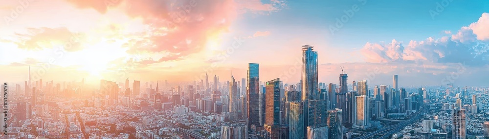 Fototapeta premium A vibrant city skyline at dawn, showcasing modern skyscrapers against a colorful sky illuminated by the rising sun.