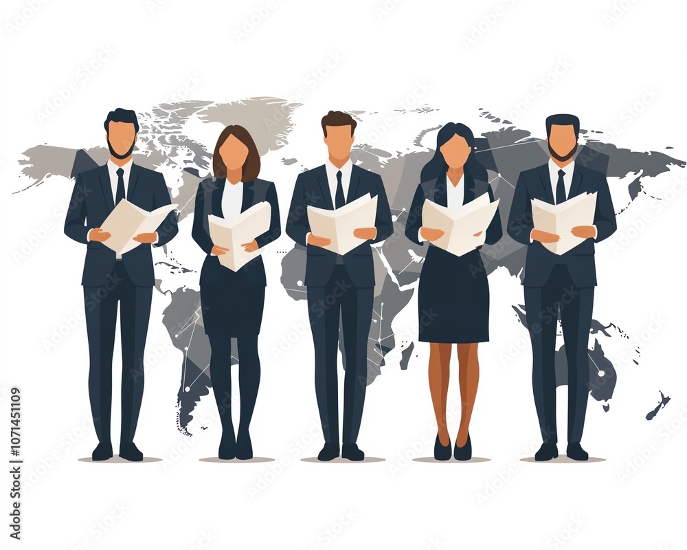 Obraz premium Fullbody business team holding documents, in front of a world map with geometric shapes and lines, representing global connectivity and advanced network technology in business
