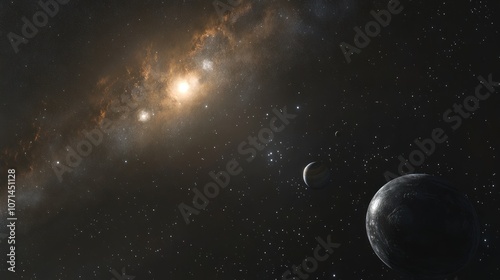 Stock art of the solar system in an outer galaxy, with a broad cosmic view and planets floating against a starry background. photo