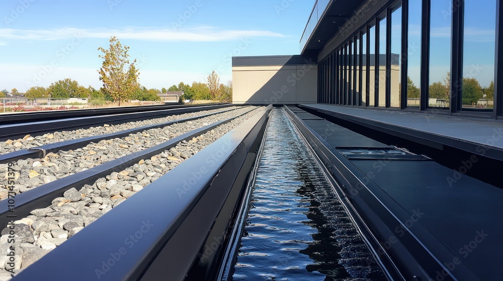 Fototapeta premium Stormwater management system with polymer gutters, effectively draining roof water while blending with the building design.