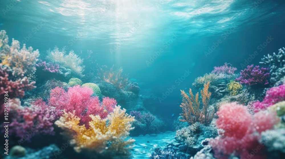 Fototapeta premium Underwater Coral Reef with Sunbeams