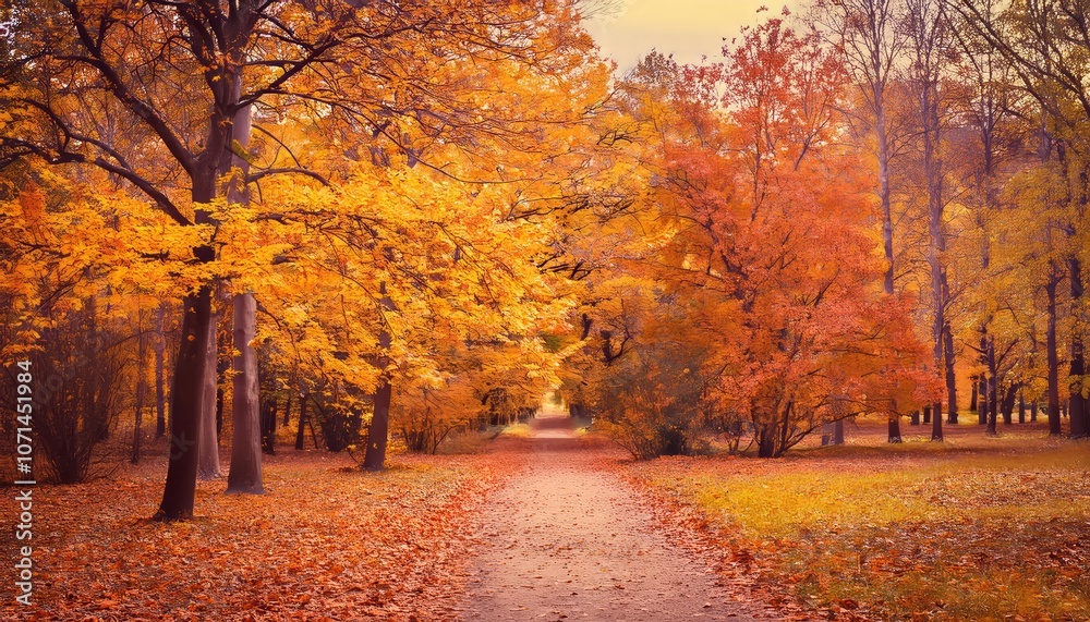 Fototapeta premium Autumn Path Through Golden Forest adorned with golden and red leaves