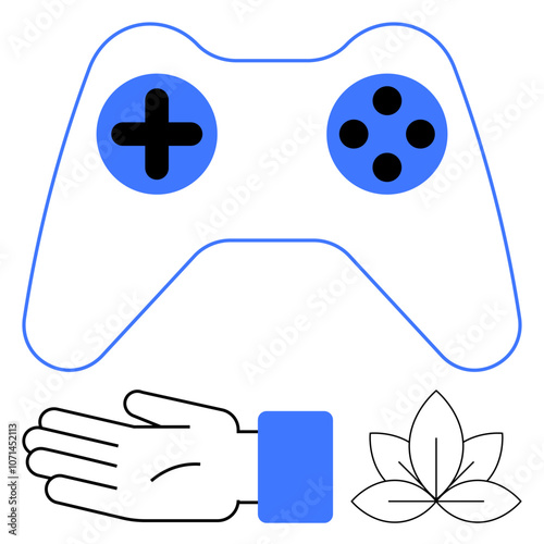 Gaming controller with directional pad and buttons, an open hand, and a three-leaf cluster. Ideal for gaming, assistance, nature, simplicity, technology minimalism modern lifestyle themes. Line