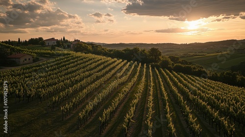 Picturesque sunset over Piceno vineyards showcases rolling hills and rustic farmhouses in the Marche region