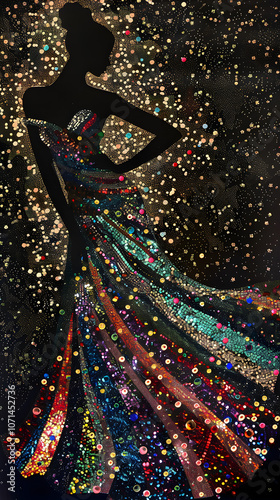 Elegant silhouette dances amidst a sea of colorful dots in a stunning evening gown