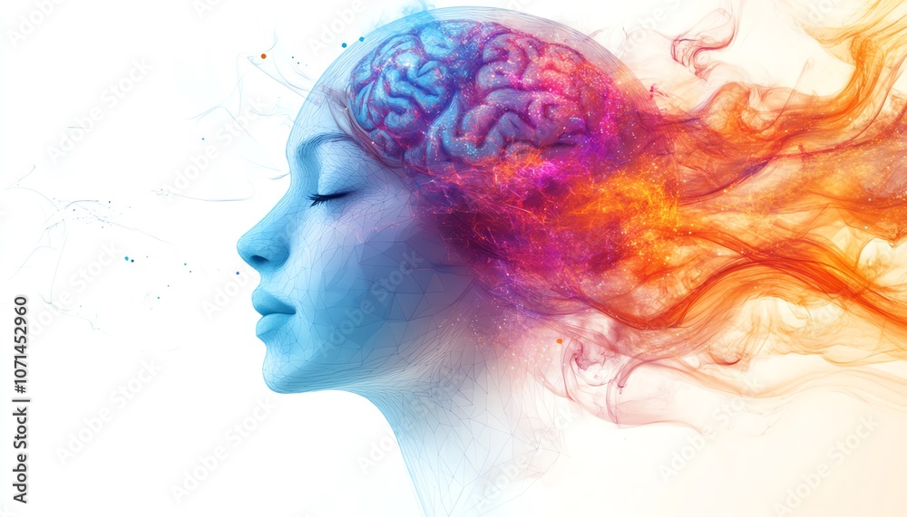Polygonal human head with a vibrant, abstract brain on a white background, symbolizing AI and digital technology, perfect for web development and marketing banners Polygonal human head with a vibrant, abstract brain on a white background, symbolizing AI and digital technology, perfect for web development and marketing banners