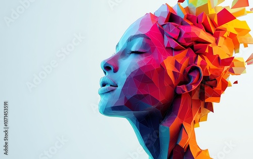 A colorful portrait of a head with vibrant geometric shapes and colors emerging from it, symbolizing creativity in digital marketing, set against a clean white background photo