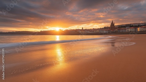 Stunning sunset reflects on sandy beach in coastal town, capturing serene beauty of evening in Spain