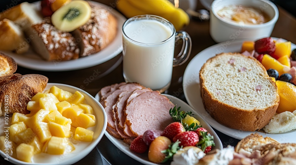 A breakfast spread featuring ham and cheese bread alongside a frothy glass of milk and a side of colorful fruit, emphasizing a balanced meal. A breakfast spread featuring ham and cheese bread alongside a frothy glass of milk and a side of colorful fruit, emphasizing a balanced meal.