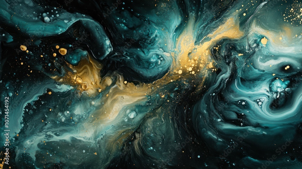 Fototapeta premium Swirling acrylic paint in ocean-inspired shades of blue and gold, adding a fluid, artistic touch.