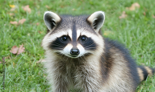 A curious raccoon looking directly at the camera in a grassy field.