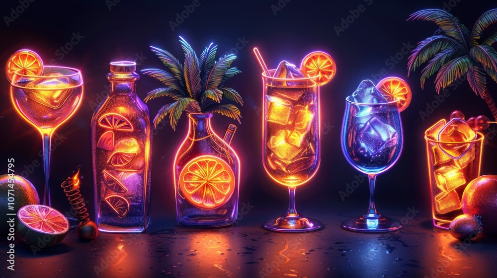 Fototapeta premium Devise a neon set of leisure symbols, including illuminated palm