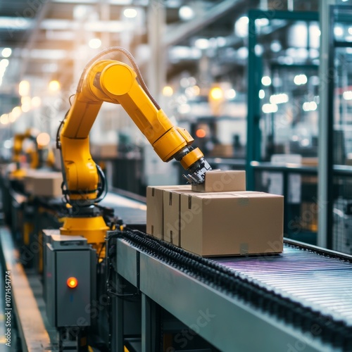 Industrial robot arm in warehouse next to conveyor belt packing goods into boxes