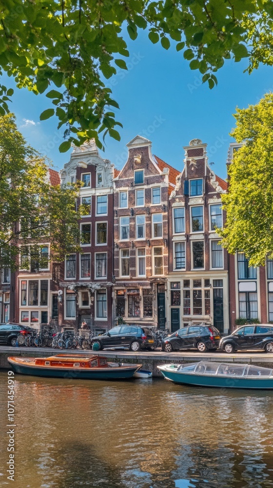 Obraz premium Panorama of famous dancing houses on river Amstel, water channels with house boats