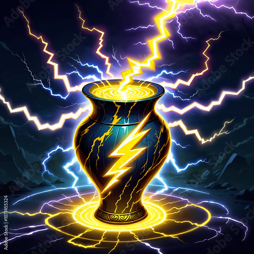 A goldenrimmed, dark blue vessel stands on a circular platform, surrounded by crackling blue and yellow lightning bolts. A yellow lightning bolt is depicted on the vessels surface, and a yellow lightn photo