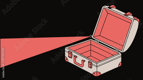 top secret small metallic suitcase very slightly starting to open with very strong blinding red light shining from inside black background 