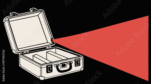 top secret small metallic suitcase very slightly starting to open with very strong blinding red light shining from inside black background 