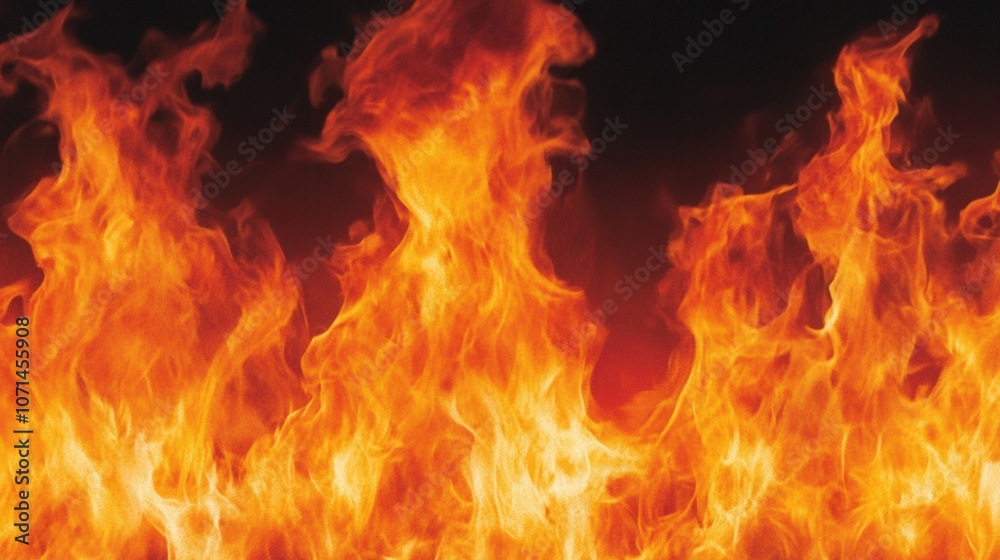 A fiery inferno of orange and yellow flames against a black background. A fiery inferno of orange and yellow flames against a black background.