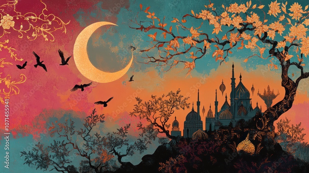 Fototapeta premium Traditional Eid Al Fitr banner featuring a crescent moon, mosque silhouette, birds in flight, and ornate arabesque accents for a vibrant look