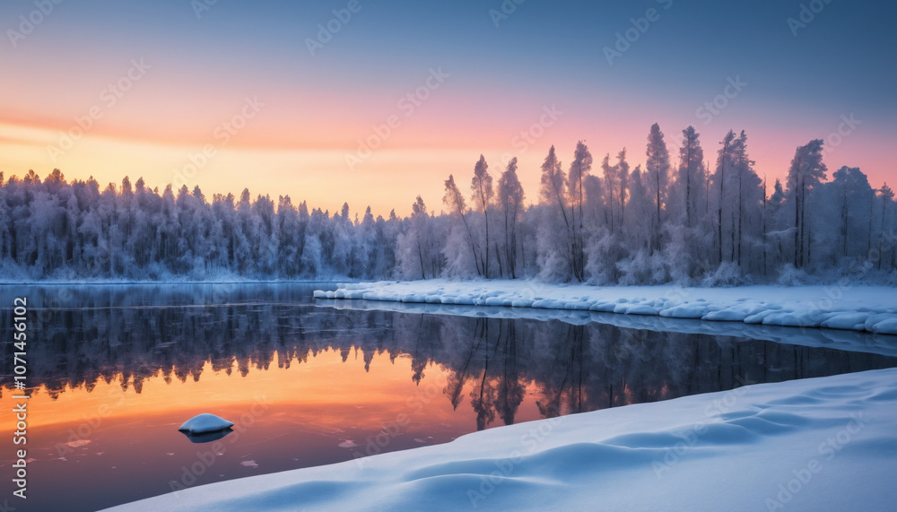 Fototapeta premium abstract harmony winter at sunset near a frozen lake light snow design wallpaper