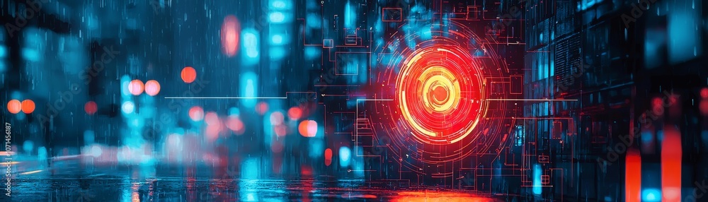 Obraz premium A vibrant, futuristic scene featuring glowing digital elements and a prominent red orb, representing technology and innovation in a cybernetic environment.