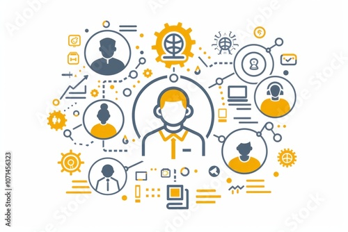 Manager icon among staff symbols for HRM, depicting recruitment and leadership development, natural light
