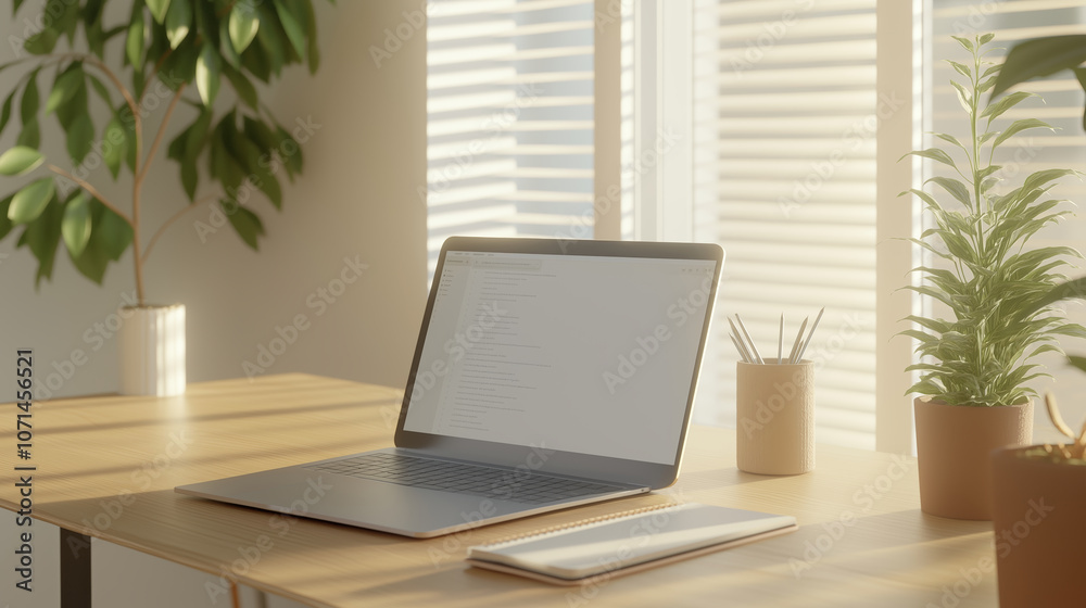 A modern home office setup with an open laptop, potted plants, and soft natural light, creating a warm and productive atmosphere. A modern home office setup with an open laptop, potted plants, and soft natural light, creating a warm and productive atmosphere.